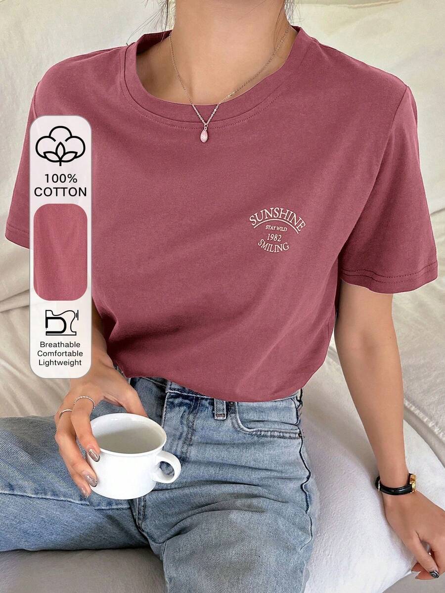 Short-Sleeved T-Shirt With Letter Print - Hot Pink - View 1