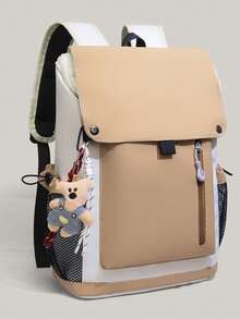 Mochila minimalista con solapa, bolsillo frontal con cremallera, colgante extraíble, correas de hombro ajustables, mochila de moda diaria para mujeres - Caqui - Ver 3