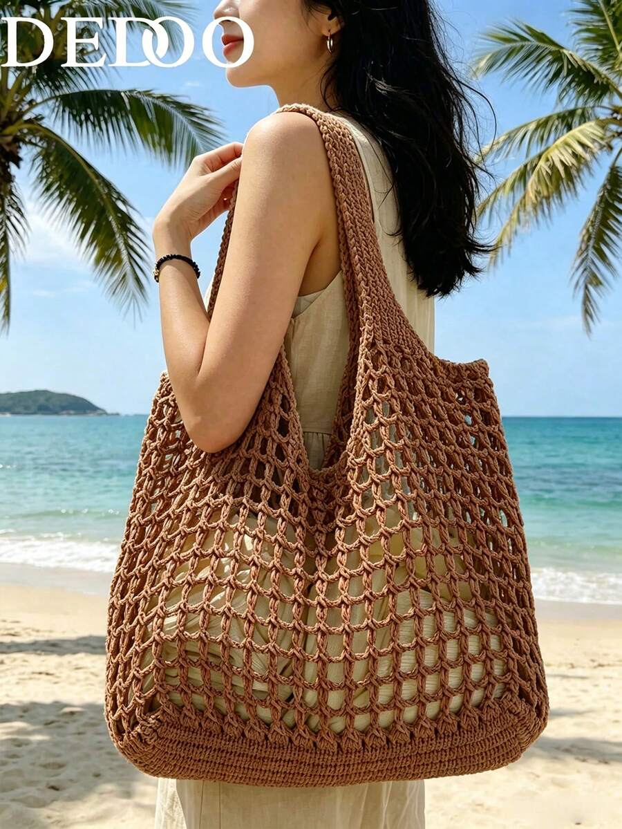 Dedoo 時尚波希米亞風鉤編女款包，米色聚酯纖維材質，復古手工感，大容量開口托特包，海灘托特包，休閒旅行，編織紋理，度假必備，適合上班、返校、海灘包、假期（無內袋）