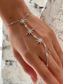 1pc Hexagram Linked Bracelet Niche Design Sparkling Rhinestone Back Of Hand Chain Minimalist Hand Jewelry - one-size - View 6