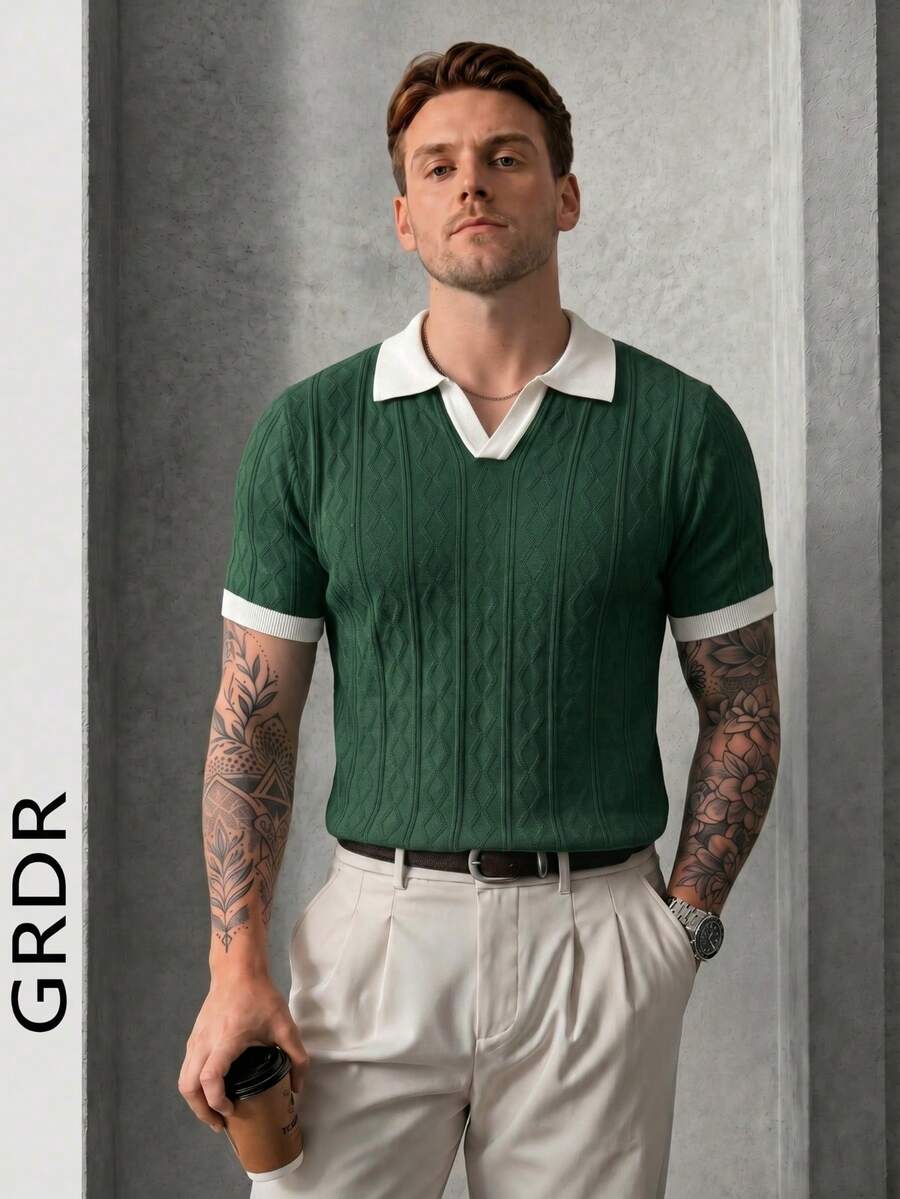 GRDR 男士春夏翻领短袖菱格纹拼接修身休闲时尚针织Polo衫 - 綠色 - 查看 1