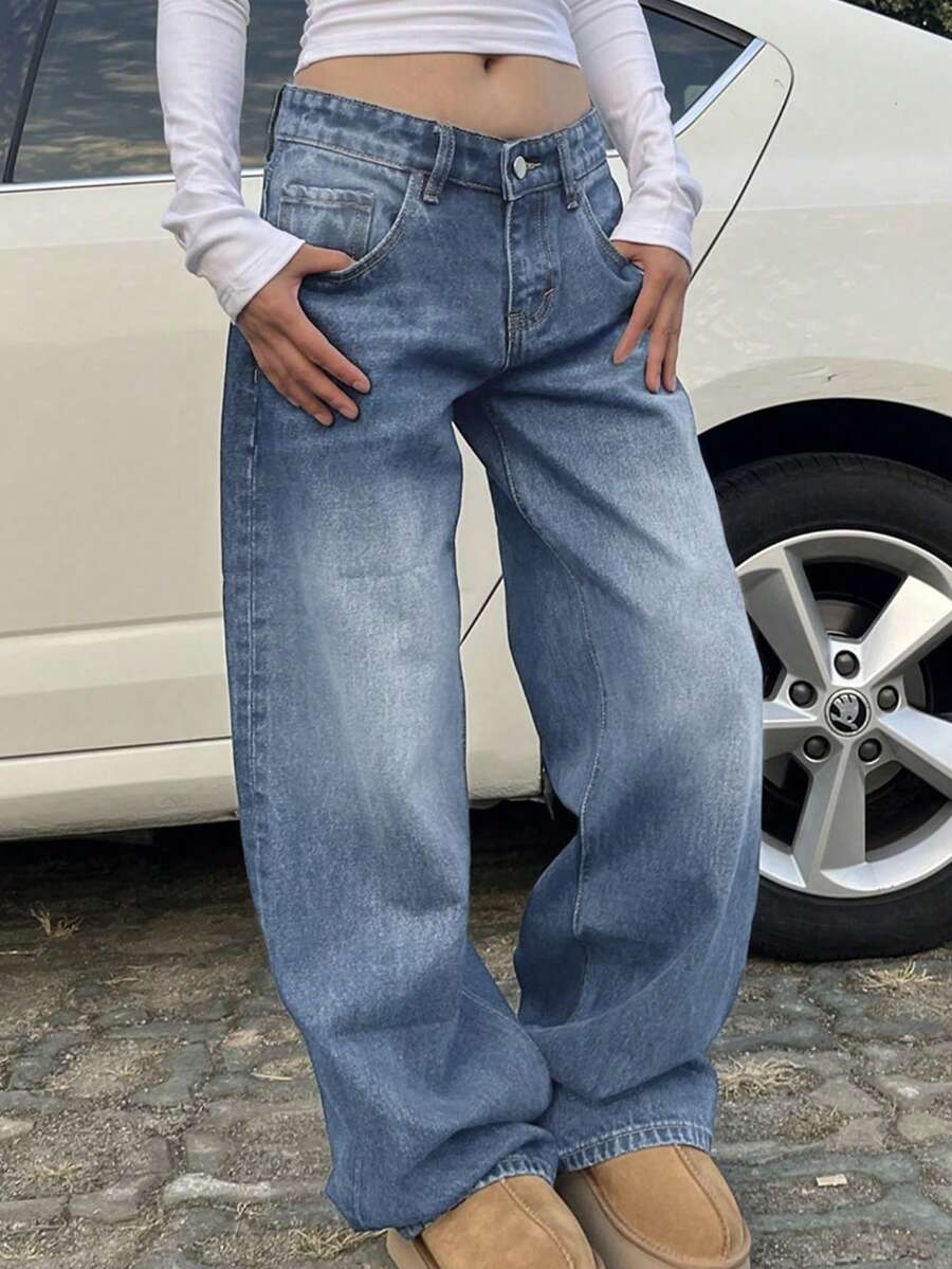 Teen Girls Vintage Washed Loose Straight Leg Jeans, Girls Autumn Back To School Street Style - Blue - View 1