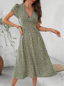 XUZHIZ Reflora Vestido midi con estampado floral diminuto, de manga corta, cuello en V y cintura ceñida, con bolsillos, para uso casual diario, talla - Multicolor - Ver 7