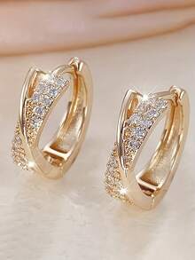 2pcs Women's Gold Twisted Rhinestone Ear Cuffs, Copper Material With Zirconia, Gentle And Elegant, Round Hoop Snap Closure Easy To Wear, Suitable For Travel, Party, Daily Wear Women's Accessories - Gold - View 2