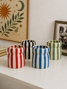 1pc Ceramic Striped Storage Canister, Tableware Organizer, Knife Holder, Eyebrow Pencil Makeup Tool Holder, Multiple Color Striped Patterns, Suitable For Kitchen Storage, Tableware Organization, Home Decor And Holiday Gifts - View 4