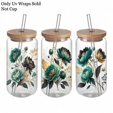 4pcs/Set Elegant Dark Green Gold Floral UV DTF Transfer Stickers, Brown/Green - DIY Craft Decals With Rose And Mixed Flower Patterns, Self-Adhesive For Glass And Wood, Perfect For Mugs And Home Decor Car Stickers Holiday Decorations - Multicolor - View 5