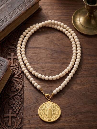 ZIRUISP Collar con Medalla de San Benito para Mujeres, Cadena Larga de Suéter con Cuentas de Madera Estilo Bohemio, Joyería Amuleto de Protección Religiosa Católica, Regalo para Uso Diario