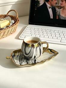 1/4 Sets 90ml Gold Rim Gradient Ceramic Cup & Saucer With Leaf Tray, European Luxury Coffee Mug Set With Leaf-Shaped Saucer.For Espresso Cup,Latte,Tea, Ideal For Afternoon Tea, Party,Wedding,Home Decor,Gift For Birthday,Easter,Back-To-School,Easter - Multicolor - View 13