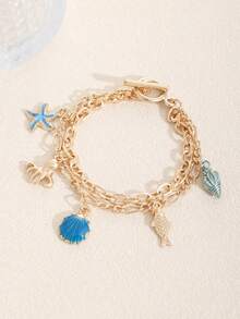 金色雙鏈海洋吊飾手鍊，海星章魚貝殼海螺魚飾吊墜 T 型扣女款海灘珠寶 - 金色A - 查看 4