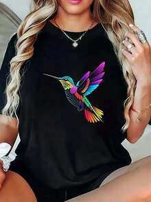 Camiseta negra algodón holgada mujer, estampado colibrí multicolor vibrante, top tropical casual ideal para looks veraniegos de diario - Negro - Ver 1