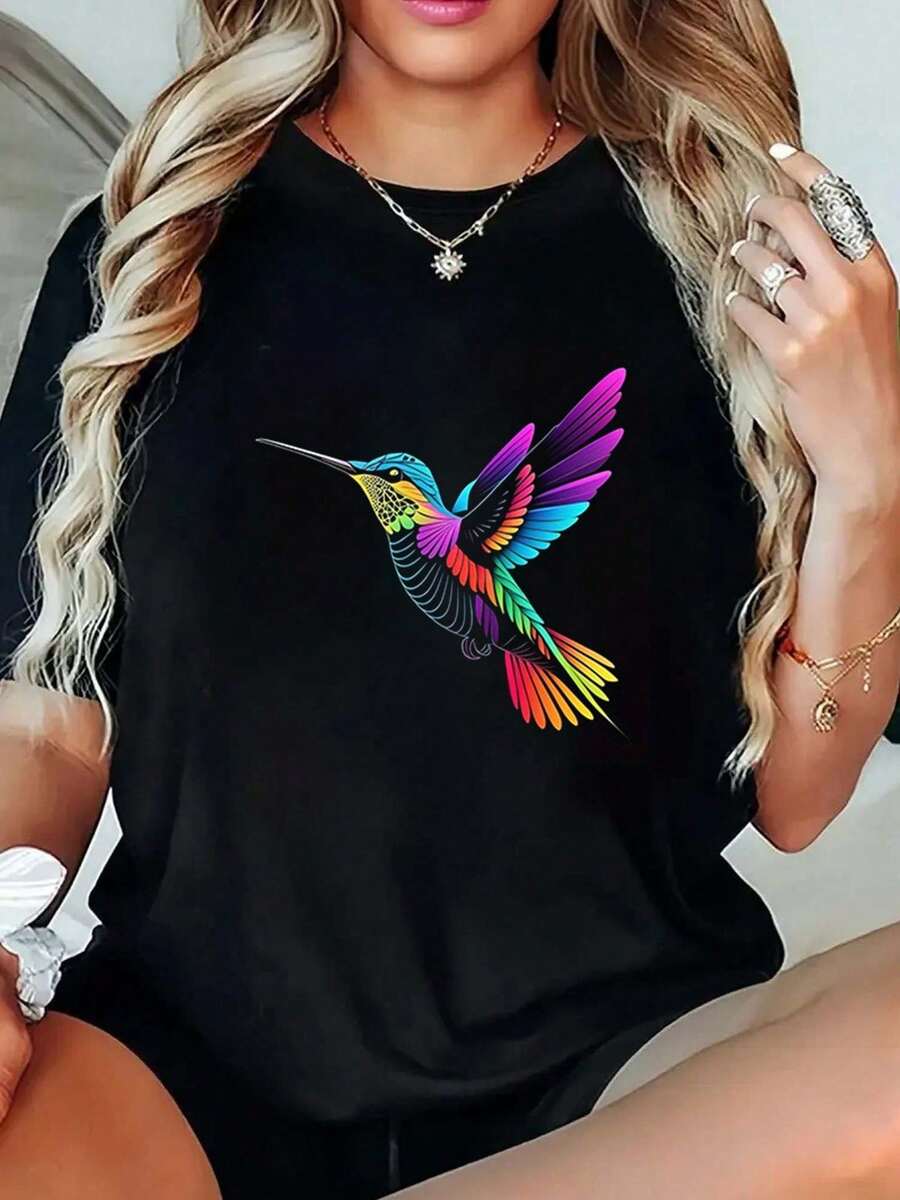 Camiseta negra algodón holgada mujer, estampado colibrí multicolor vibrante, top tropical casual ideal para looks veraniegos de diario - Negro - Ver 1