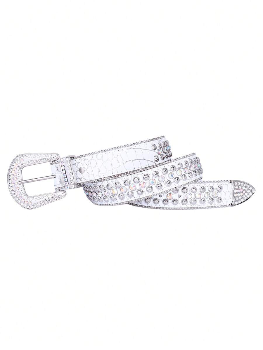 Unisex Rhinestone Belt, Western Cowboy Street Fashion Colorful Rhinestone Studded Design Leather Belt - Blue - View 1