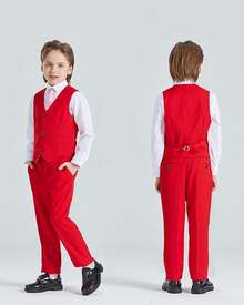 Boys 5 Piece Slim Fit Solid Formal Suit Set, Jacket Vest Pants Dress Shirt Tie Ring Bearer Outfit - 紅色 - 查看 3