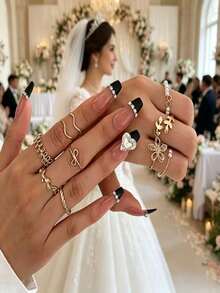 10pcs Set, Women's Fashion Jewelry Ring Set, Mini Fashion Hollow Flower Faux Pearl Wave Leaf Vine Combination Ring Set, Creative Design, Made Of Alloy Material, Suitable For All Seasons, Women's Gift, Suitable For Party, Valentine's Day, Mother's Day And Other Gifts, Also Suitable For Daily Wear, Dating, Vacation, - Multicolor - View 2