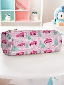 1pc Work Car Print Corduroy Cylindrical Zipper Pencil Case, Large Capacity Multi-Function Storage Bag, Suitable For Stationery, Cosmetics And Travel Essentials - Multicolor - View 8