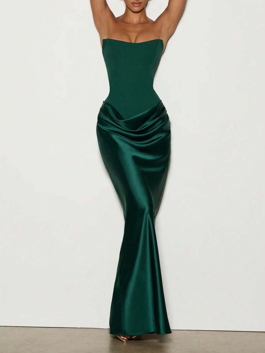 New Women's Sexy Strapless Backless Lace-Up Draped Fitted Dress, Elegant Formal Evening Gown For Wedding Bridesmaid And Formal Occasions - 墨綠色 - 查看 1