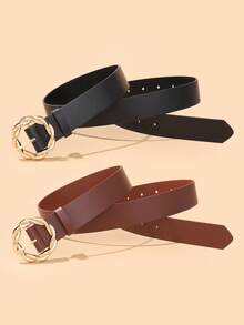 1pc/2pcs Gold Braided Round Buckle PU Belt - Black - View 7