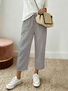 Pantalones largos casuales de pierna ancha 3/4 para mujer, nuevos de verano, elegantes para ir a la oficina, con cintura elástica con cordón y bolsillos - Gris - Ver 3