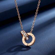1pc Gold/Silver Double Ring Intertwined Pendant Necklace With Roman Numeral Engraving And Zirconia Inlay, Versatile Jewelry Accessory For Summer Outings And Photo Shoots, Couple Anniversary Gift - Multicolor - View 8