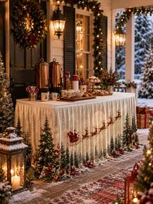 1 st krämvit julbordsskirt, rektangulär plisserad bordsduksskjul i polyester med tryck av jultomtens släde, ren, tallskog och snöflingor, buffé- och dessertbordsduk för julfest, högtidsmiddag, vinterbröllop, kök och heminredning - Multifärgad - Visa 9