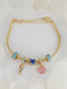 Dainty Ocean Charm Bracelet Set, Gold Adjustable Snake Chain, Rhinestone Turquoise Beads Seahorse Starfish Shell Charms Holiday Jewelry For Women - Yellow Gold - View 4