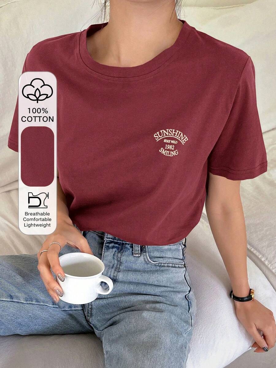 Short-Sleeved T-Shirt With Letter Print - Red - View 1