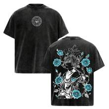 Qifrey Witch Hat Atelier Anime T-Shirt, Vintage Acid-Washed Cotton, Loose Fit, Unisex, Streetwear Style Sleeve Clothing, Back Print With 2D Japanese Vector Art, Top - 黑色 - 查看 1