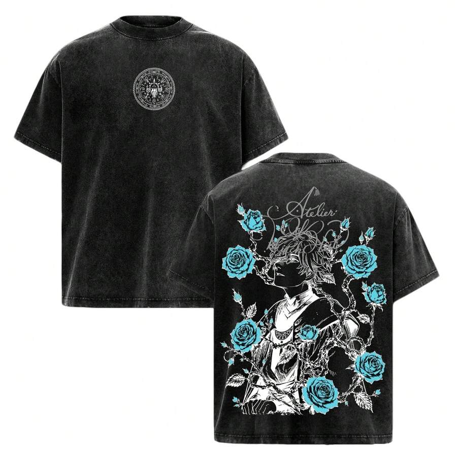 Qifrey Witch Hat Atelier Anime T-Shirt, Vintage Acid-Washed Cotton, Loose Fit, Unisex, Streetwear Style Sleeve Clothing, Back Print With 2D Japanese Vector Art, Top - 黑色 - 查看 1
