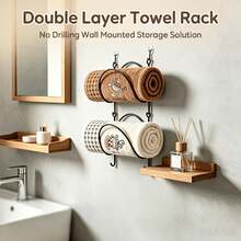 2 Towel Racks - Wall-Mounted Shelf With Hooks - Easy To Install, Space-Saving Design, Suitable For Elegant Bathroom And Kitchen Decor Multifunctional Storage | Smooth Metal Surface | Sturdy Structure, Bathroom Organization And Storage - 6pcs - [2 Shelves + 4 Hooks] - View 6