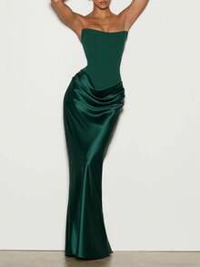 New Women's Sexy Strapless Backless Lace-Up Draped Fitted Dress, Elegant Formal Evening Gown For Wedding Bridesmaid And Formal Occasions - 墨綠色 - 查看 4