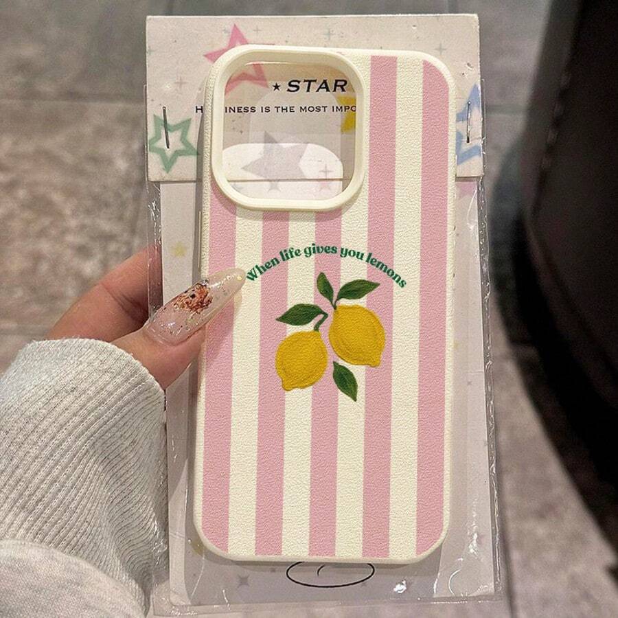 1pc TPU Lemon Inspirational Pink Striped Pattern Phone Case Compatible With IPhone 17 Pro Max/17/16 Pro Max/15/13/12/11/ S20 FE/A15/S24/A55/ Note 11/Note 12/Note 13 Pro Full Coverage Shockproof Soft Protective Cover - White - View 1