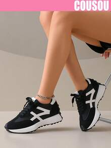 2026 New Women's Thick Sole Sports Shoes, All-Season Flat Lace-Up Chunky Sneakers, Spring/Summer Height-Increasing Breathable German Training Shoes, Patchwork Slim Waist Casual Shoes - Black - View 4