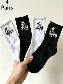 2/4 pares de calcetines de media caña con patrón de corona de rey y reina y corazón, calcetines clásicos versátiles en blanco y negro para parejas, calcetines de regalo para aniversario/Día de San Valentín - Blanco y Negro - Ver 10