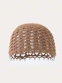 1pc Handmade Bohemian Style Literary Thin Breathable Knitted Hollow Out Beaded Beanie Hat For Women - Multicolor - View 3