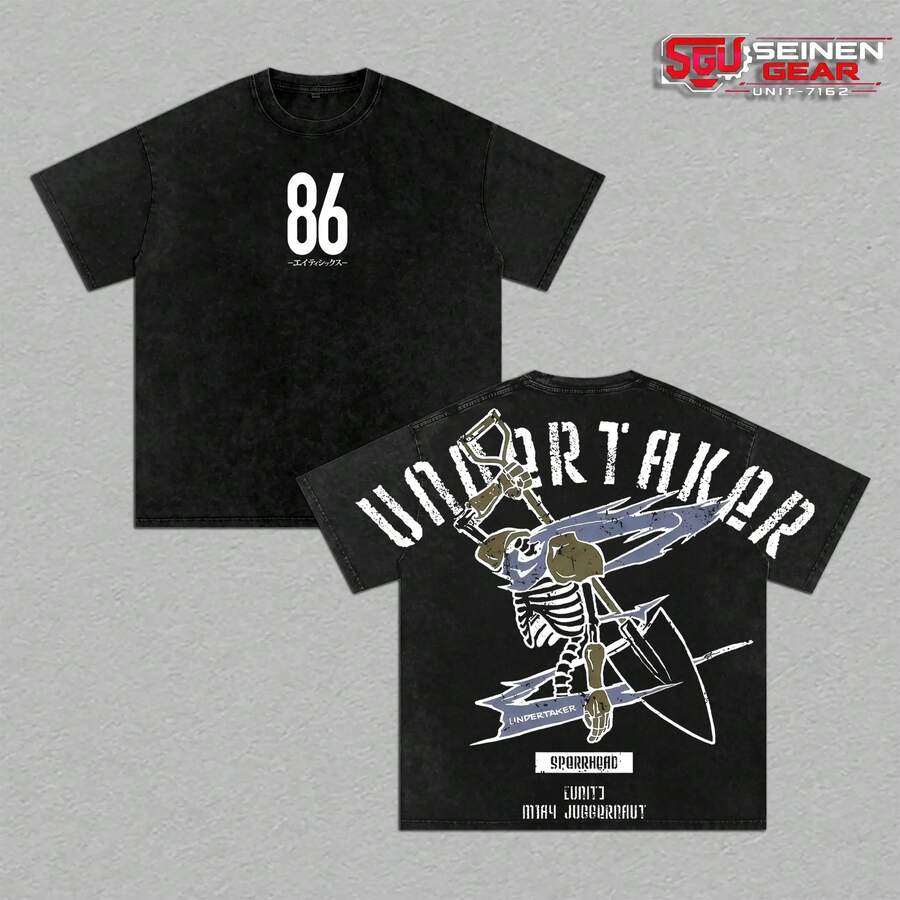 Camiseta Gráfica Oversized Vintage Lavada al Ácido 86 Eighty Six Undertaker, Camiseta con Estampado Trasero Inspirado en Shin Nouzen, Estética de Ropa Urbana Militar de Anime, Camiseta Unise - Negro - Ver 1