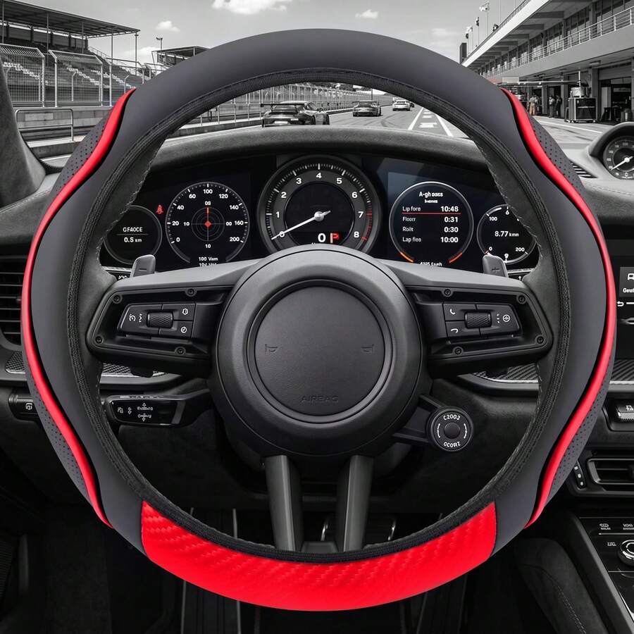 PU Leather Car Steering Wheel Cover, Wear-Resistant & Anti-Slip, Elastic Band Without Inner Ring Design, Carbon Fiber Texture Splicing, Fits 14-15inch, Suitable For Sedan, Pickup, SUV, Minivan, Etc. - Multicolor - View 1