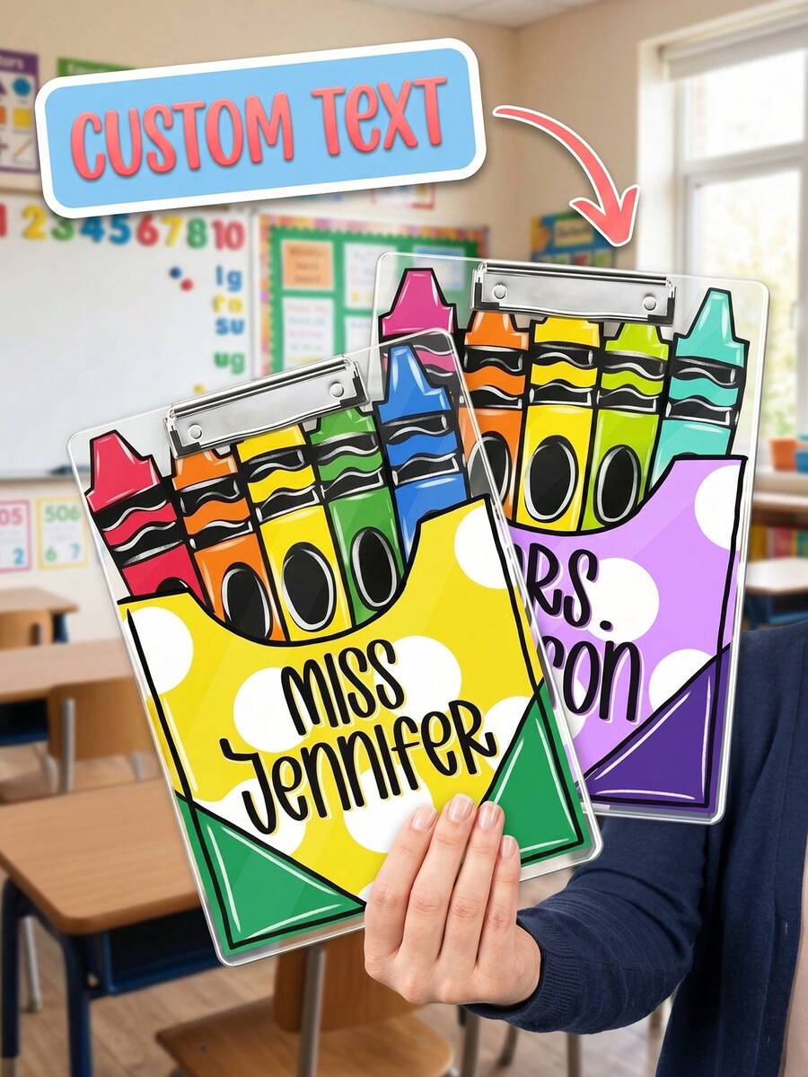 1pc Custom Teacher Name Clipboard, Personalized Crayon Print Polka Dot Decor Clip Board, Teacher Appreciation Back To School Gift Classroom Office Desk Accessory - Multicolor - View 1