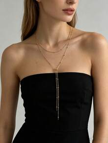 1pc Gold Stainless Steel 18K Gold Plated Beaded Chain Long Necklace For Women, Multiple Wearing Styles, Adjustable Drawstring Design, Suitable For Daily Decoration, Street Style, Influencer Outfit, Party, Date, Layering - Gold - View 7