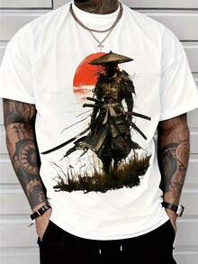 Vintage Samurai Grafik T-Shirt - Stilvolles Rundhals T-Shirt mit einzigartigem Design mit Samurai in traditioneller Rüstung vor roter Sonne - Perfekt für lässige Outfits - Weiss - Übersicht 1