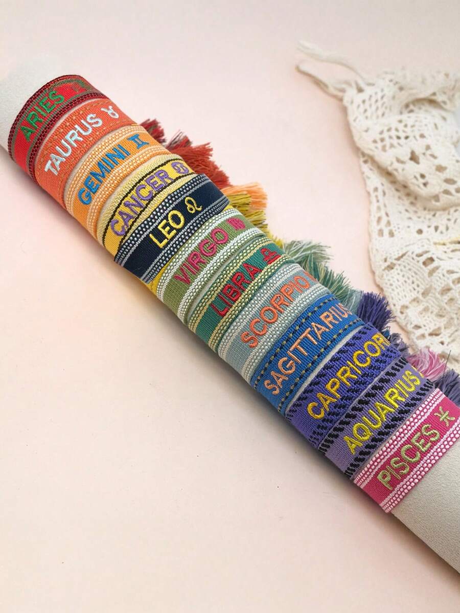 1pc Fashionable Zodiac Handmade Woven Tassel Bracelet With Embroidered Letter For Men And Women - Multicolor - View 1