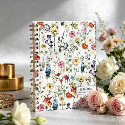 DANPERJI 1PC A5 English/French/Spanish/Italian/German Five-Language Choice 2026-2027 Academic Planner Spiral Notebook, Watercolor Wildflower Floral Design, Monthly Themes & Lesson Plan Pages, Spanish-School Layout Organizer For Students & Teachers