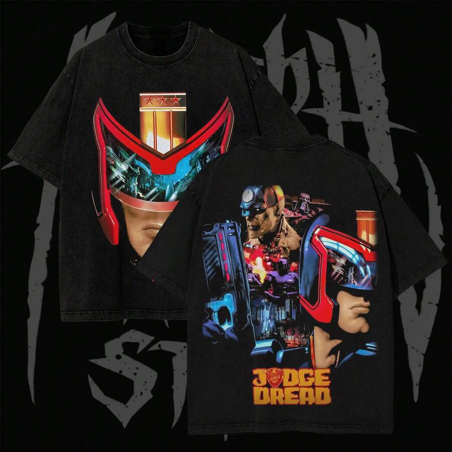 Cotton T-Shirt With A Graphic Print Of Judge Dredd From The Vintage 90s Comics, Washed Streetwear Style Mega-City One Comic Book Hoodie, Graphic Tee - 黑色 - 查看 1