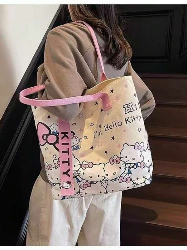 SANRIO New Hello Kitty Canvas Tote Bag, Large Capacity Student School Commute Shoulder Bag, Cartoon KT Cat Handbag