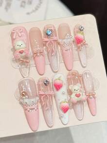 10pcs Handmade Pointed Nail Stickers, Exquisite Fake Nails, [Cute Bear] Dreamy Pink Cartoon Bear Bow Lace Heart Rhinestone Sweet Cute Long-Lasting Nail Art, Perfect Choice For Daily, Banquet, Party - Baby Pink - View 12