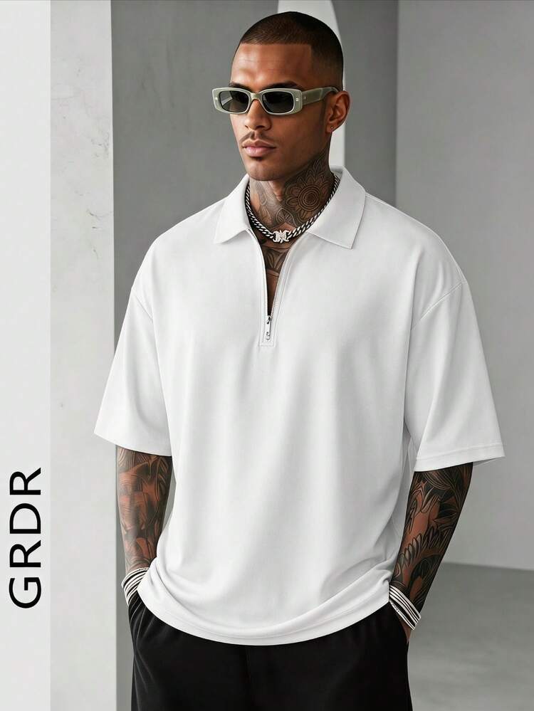 GRDR Men's Summer Half-Zip Collar Short Sleeve T-Shirt, Solid