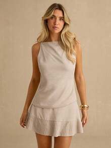 Conjunto de top sin mangas y minifalda de unicolor casual para mujer - Marrón - Ver 7