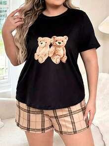 Cute Bear Cartoon Print 2 Pieces Pajama Set Comfortable Casual Print Shorts Women's Plus Size Loungewear - Black - View 1