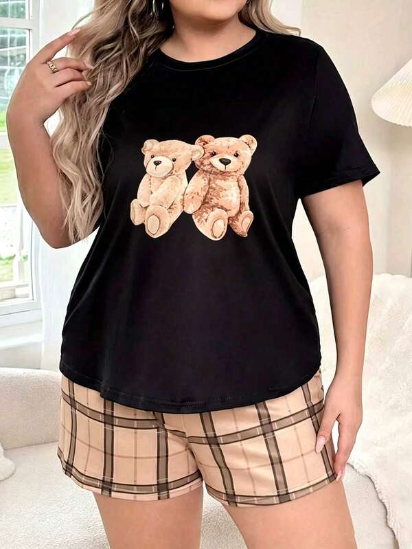Cute Bear Cartoon Print 2 Pieces Pajama Set Comfortable Casual Print Shorts Women's Plus Size Loungewear