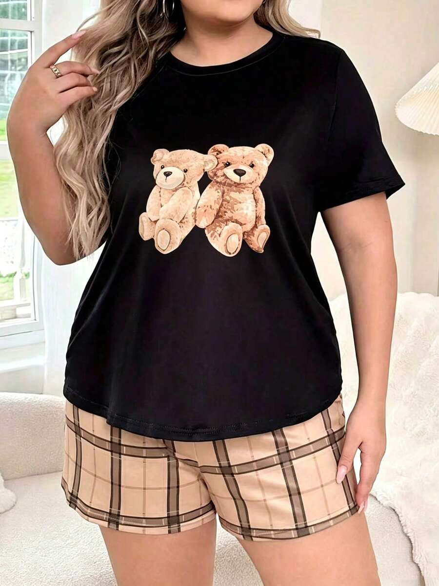 Cute Bear Cartoon Print 2 Pieces Pajama Set Comfortable Casual Print Shorts Women's Plus Size Loungewear - Black - View 1