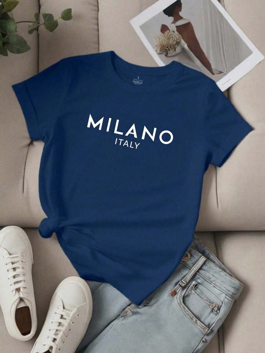 Women's Unity Letter Slogan Short Sleeve T-Shirt, LOS ANGELES Graphic Tees, Women's Tops - 淺藍色 - 查看 1